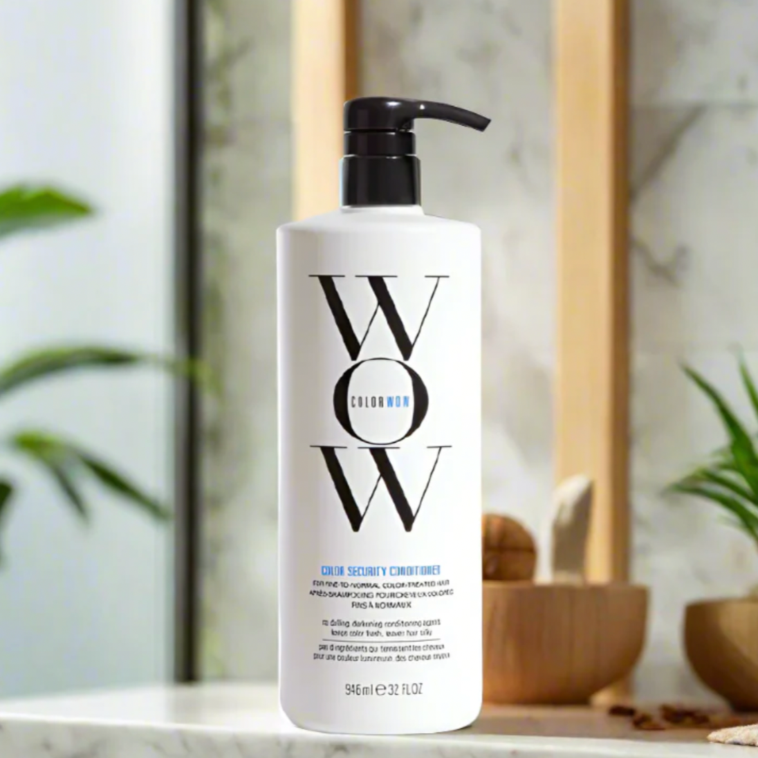 Front view of Color Wow Conditioner 1 Liter bottle featuring a white label with blue text and a black pump