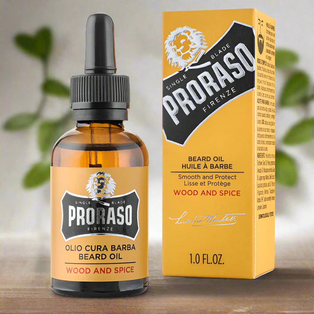 A 100ml bottle of Proraso Beard Oil Wood and Spice. The packaging features a dark brown bottle with a classic label, highlighting the rich, woody, and spicy fragrance. The larger bottle is designed for extended use, emphasizing the oil's conditioning and hydrating benefits.