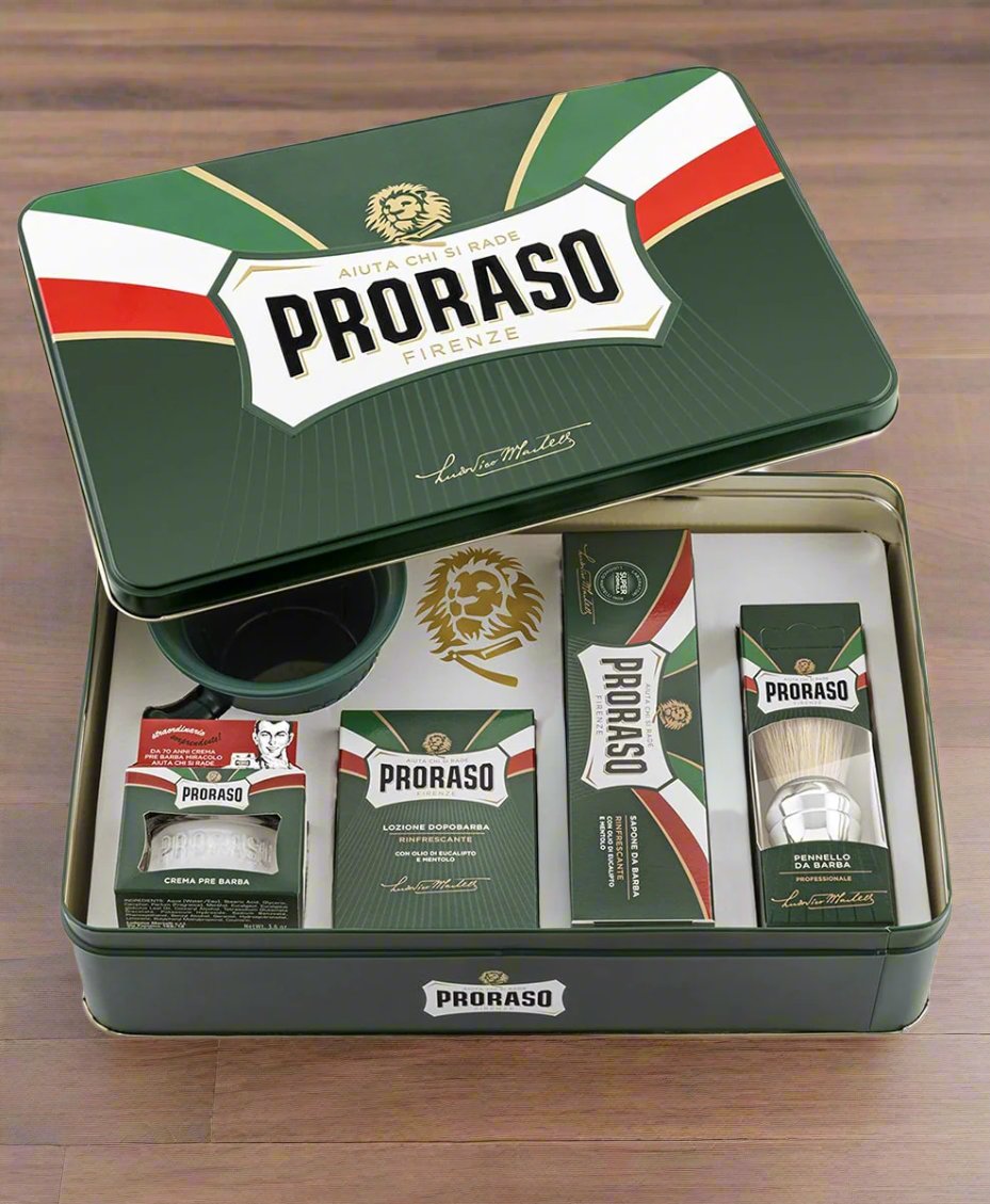 Proraso Classic Full Shaving Set in a metal box, including all essentials for a complete shaving experience.