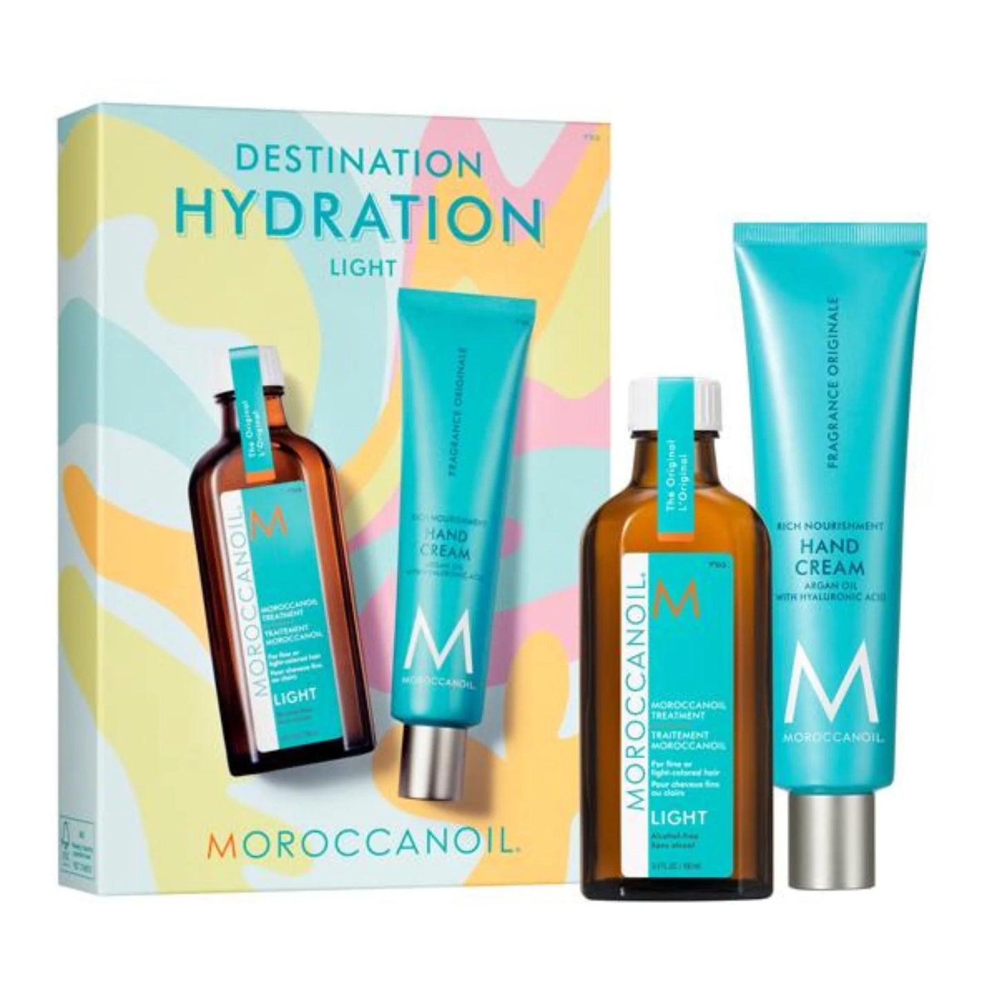 Moroccanoil Destination Hydration Gift Set in elegant packaging, showcasing the treatment bottle and hand cream.