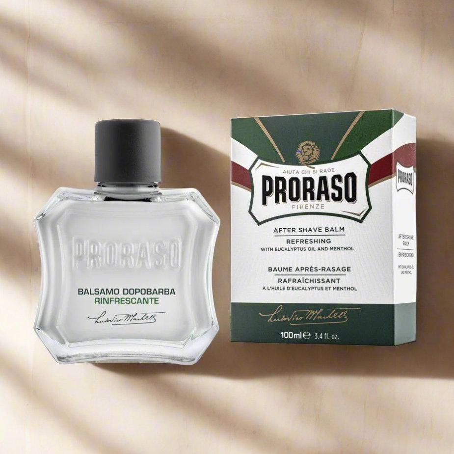 A 100ml bottle of Proraso After Shave Balm Refresh. The packaging features a light green and silver color scheme with a clear label displaying the product name and "Refresh" formulation.
