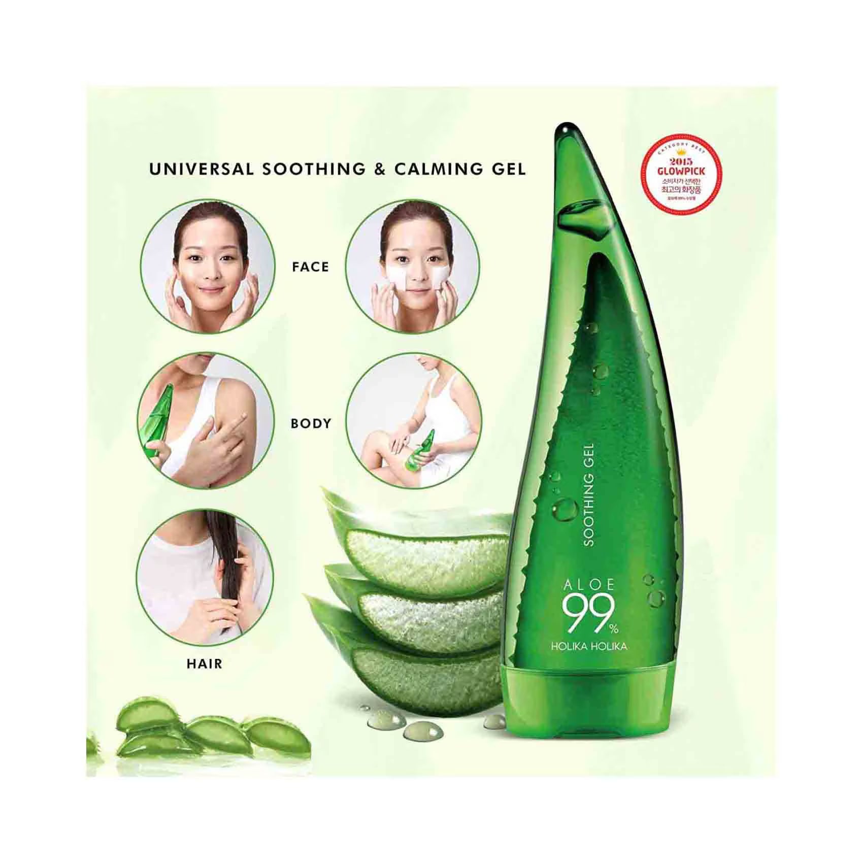 Green aloe vera gel bottle with packaging showing usage on face, body, and hair.