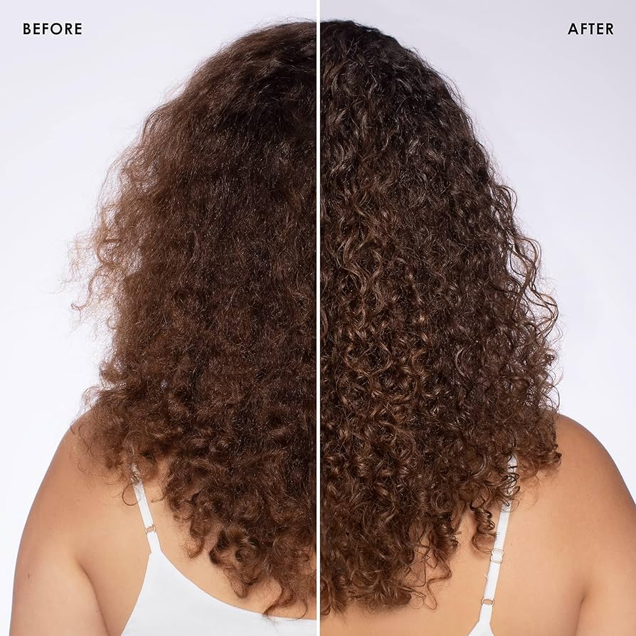 Before and after photos showing the transformation of curly hair: the 'before' image shows frizzy, unstyled curls, and the 'after' image displays smooth, well-defined curls.