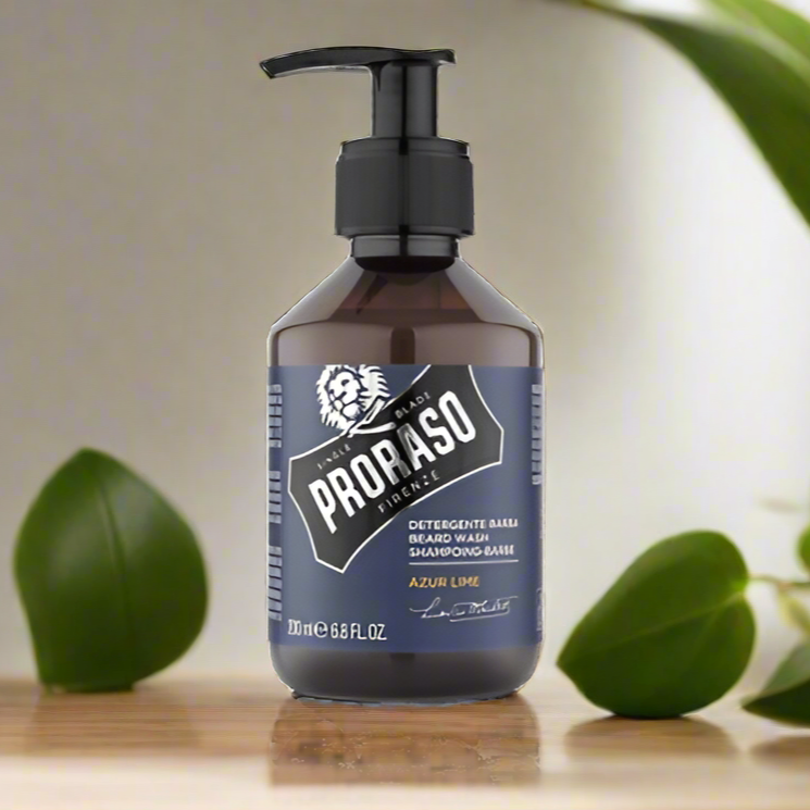 A 200ml bottle of Proraso Beard Shampoo Azure Lime. The packaging features a bright, vibrant blue bottle with a clear label, highlighting the azure lime fragrance. The bottle is practical for regular use, emphasizing the shampoo’s cleansing and refreshing properties.