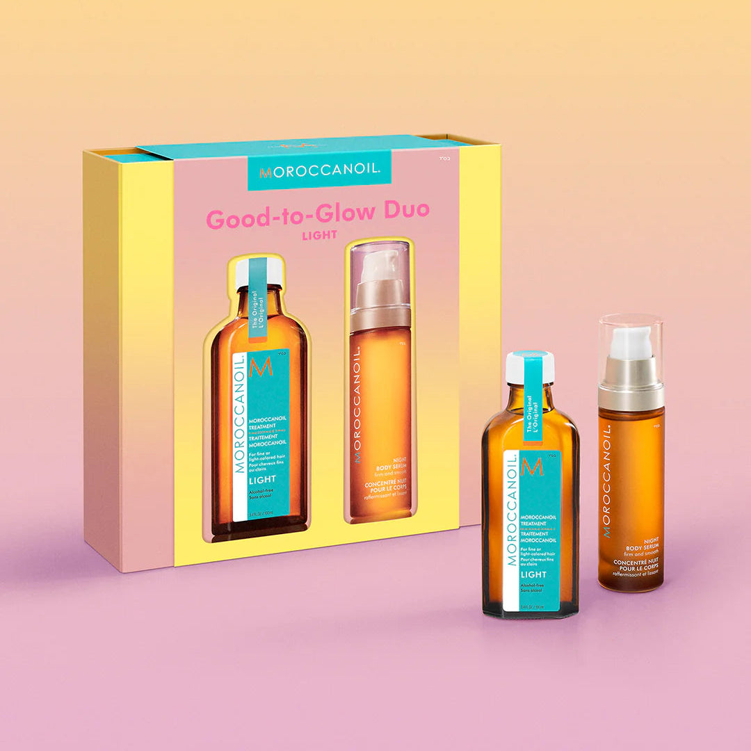 Moroccanoil Good-to-Glow Duo set with packaging on a pink background