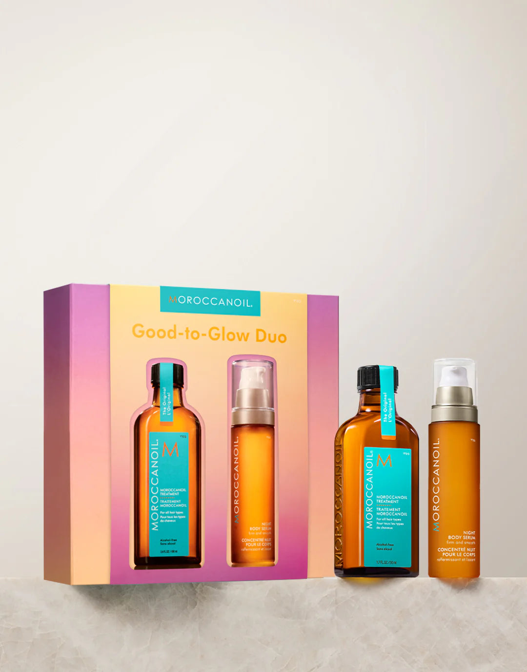 Moroccanoil Good-to-Glow Duo set with packaging on a light gray background