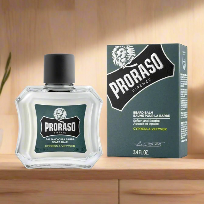 Proraso Cypress & Vetyver Beard Oil bottle with a dark green label and dropper top, featuring a refined, natural design for beard care.