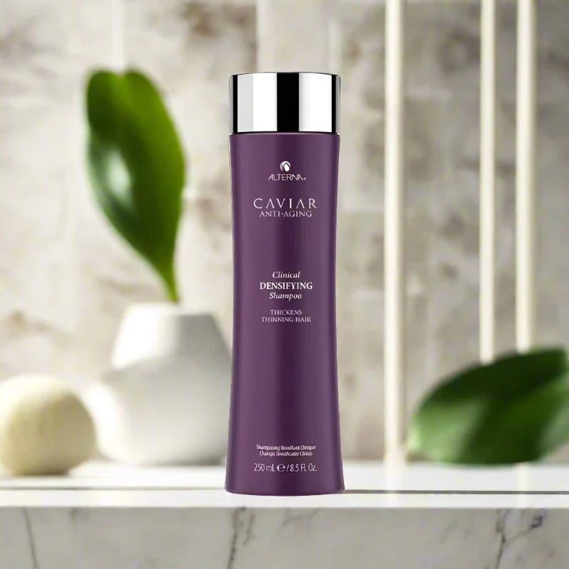 Alterna Caviar Clinical Densifying Shampoo 8.5 oz bottle, designed to strengthen and thicken hair while promoting healthy hair growth and improving density.