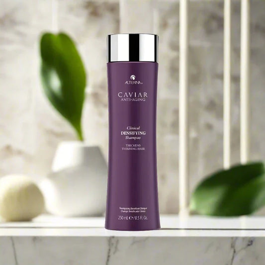 Alterna Caviar Clinical Densifying Shampoo 8.5 oz bottle, designed to strengthen and thicken hair while promoting healthy hair growth and improving density.