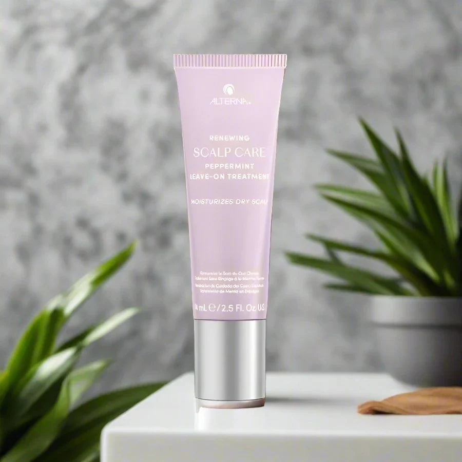 Alterna Renewing Peppermint Leave-On Treatment 5.1 oz bottle, designed to revitalize and refresh the scalp while providing hydration and promoting healthier hair growth.