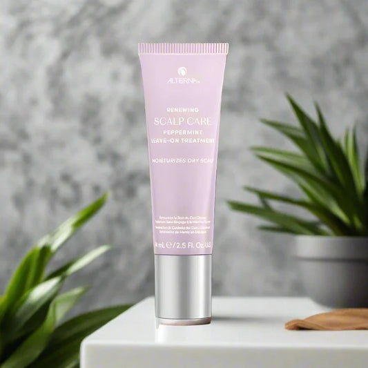 Alterna Renewing Peppermint Leave-On Treatment 5.1 oz bottle, designed to revitalize and refresh the scalp while providing hydration and promoting healthier hair growth.