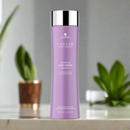 Alterna Anti-Frizz Shampoo 8.5 oz bottle, designed to smooth and control frizz while providing hydration and enhancing shine for a polished look.