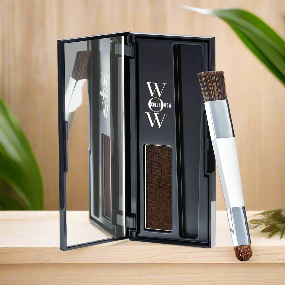 Color Wow Root Cover Up Dark Brown palette with mirror and brush.