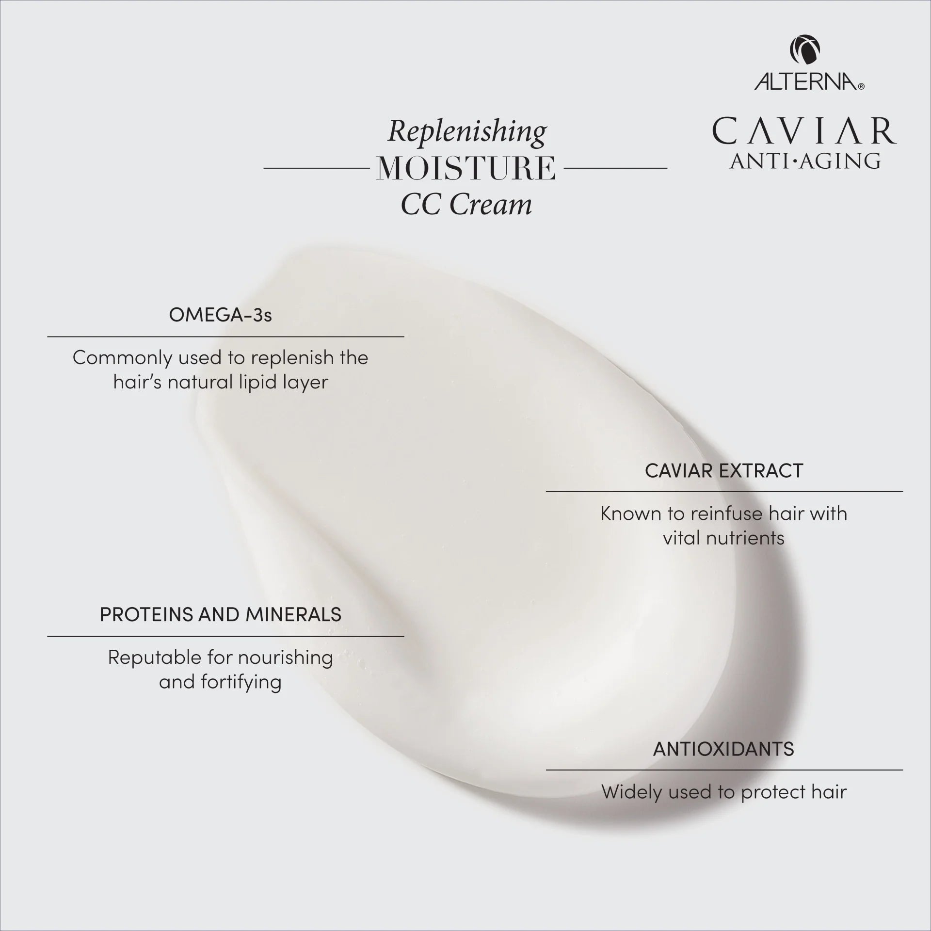 Close-up of Moisture CC Cream showing its creamy texture, with a description of benefits for hydration, smoothing skin, and providing a natural, radiant finish.