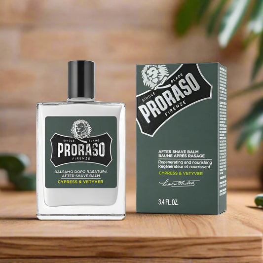 Proraso After Shave Balm Cypress & Vetyver, 100ml n transparent bottle and a box in teal next to it