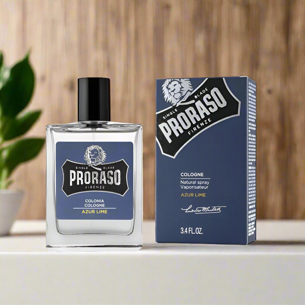 A 100ml bottle of Proraso Eau de Cologne Azure Lime. The packaging features a bright blue bottle with a sleek design and a clear label, highlighting the vibrant lime fragrance. The bottle is crafted for an invigorating, fresh scent experience.