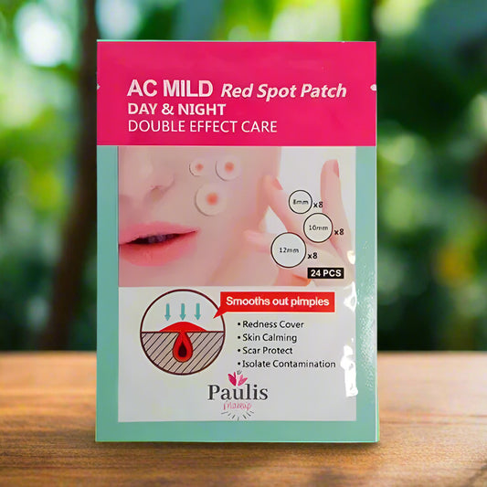 Pack of Paulis AC Mild Red Spot Patches with product details on a blurred background