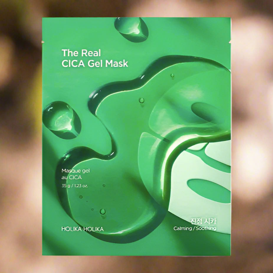 Green packaging of The Real CICA Gel Mask by Holika Holika on a blurred background