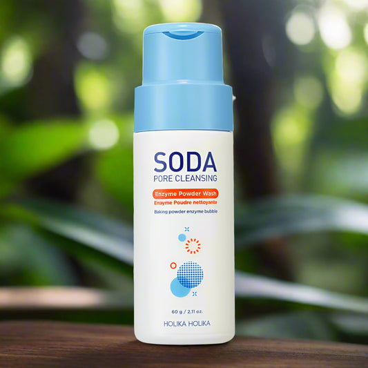 Soda pore cleansing product with blue cap and white body on a blurred background
