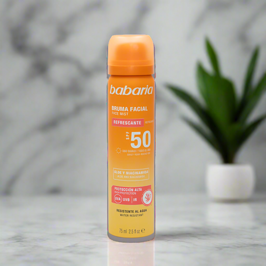 Babaria facial sunscreen spray bottle on a white background