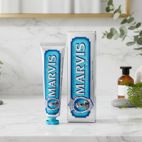 Marvis toothpaste tube and packaging on a white background