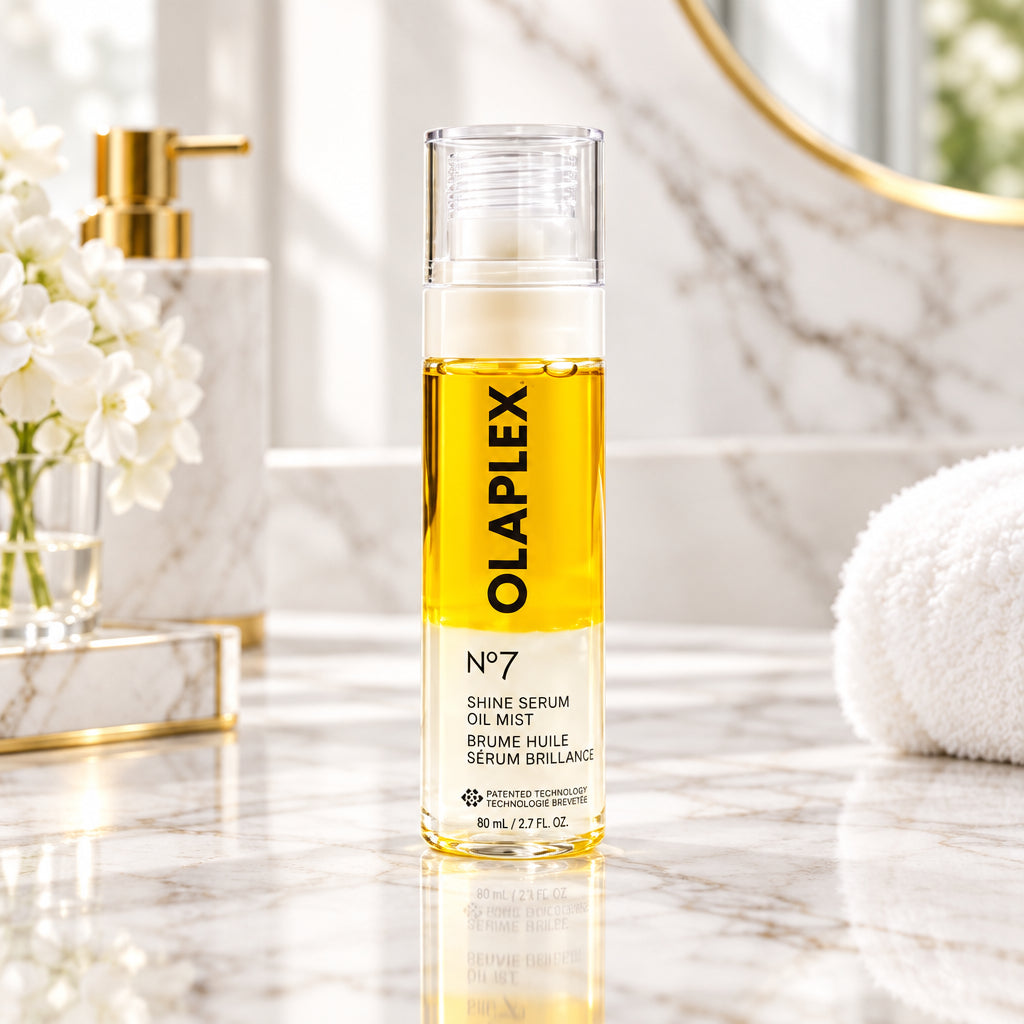 Olaplex 07 Shine Serum Oil Mist bottle next to its gold-colored packaging box on a light textured surface.