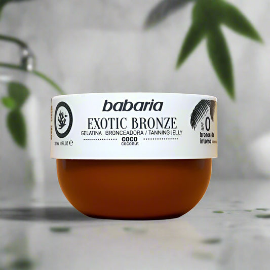 Babaria Exotic Bronze tanning jelly jar on a marble background
