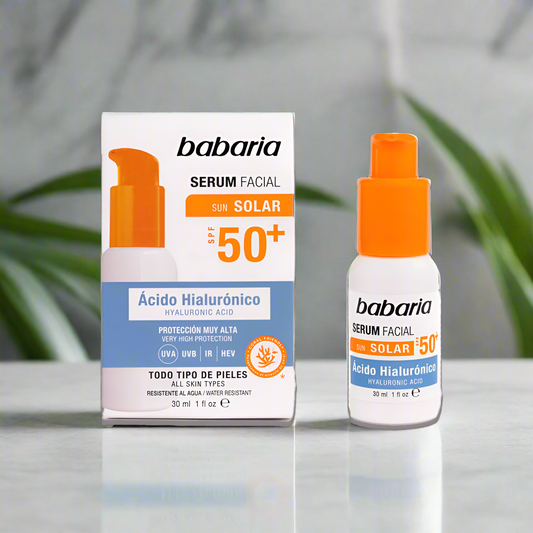 Babaria facial serum with SPF 50+ on a white background
