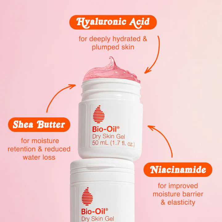 Lily and Co Essentials Bio-Oil Dry Skin Gel with Shea Butter, Niacinamide, and Hyaluronic Acid, 125ml. Provides intense hydration and skin nourishment.