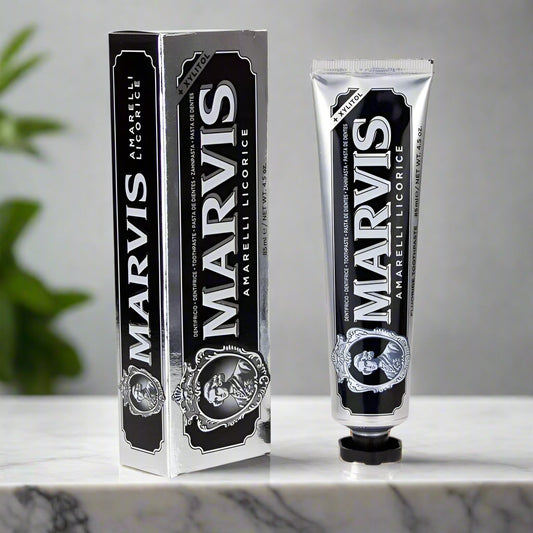 Lily and Co Essentials – Marvis Amarelli Licorice Mint Toothpaste 85 ml with rich licorice-mint flavour, enamel protection, and Italian craftsmanship.