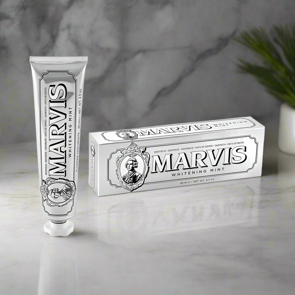 Marvis Whitening Mint toothpaste tube and packaging on a white background