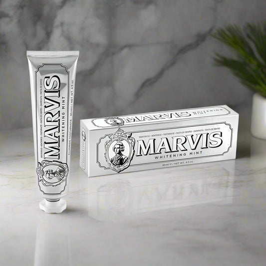 Marvis Whitening Mint toothpaste tube and packaging on a white background