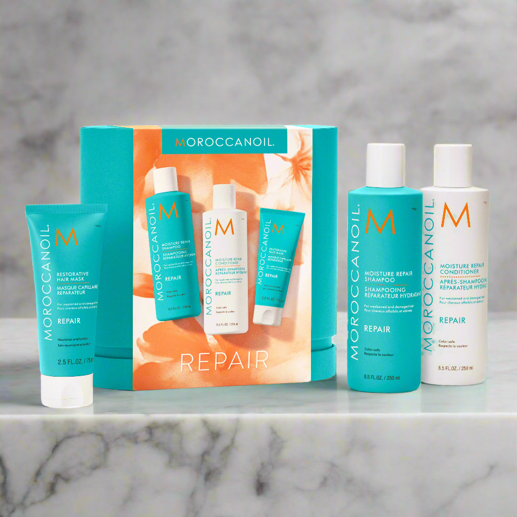 Lily and Co Essentials – Moroccanoil Spring Kit 2025 Repair with shampoo, conditioner, treatment oil, and travel bag.