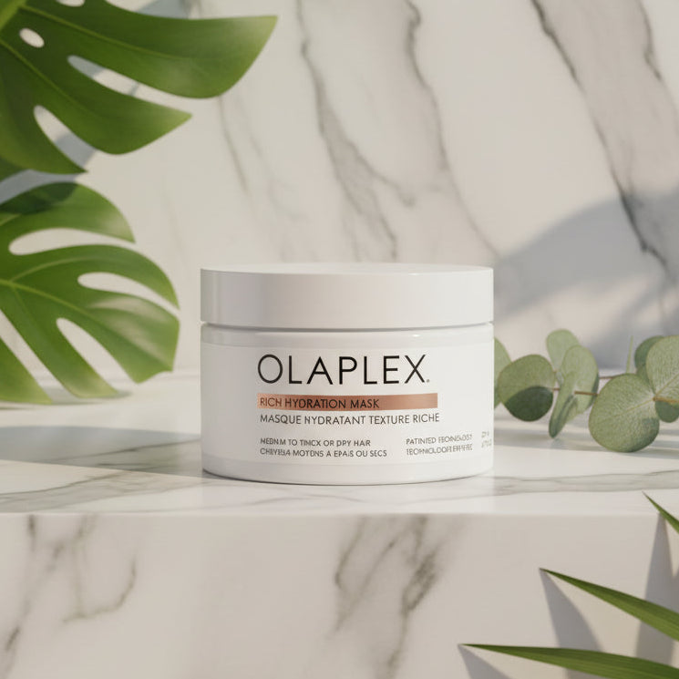 A jar of Olaplex Rich Hydration Mask displayed on a white marble surface with tropical green leaves and eucalyptus branches around it, in soft natural light.