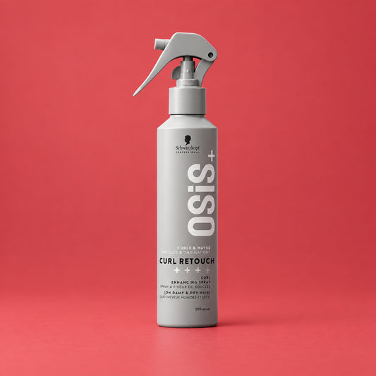 A single spray bottle of Schwarzkopf Osis+ Curl Retouch Spray, shown in a clean studio shot against a light gray background.