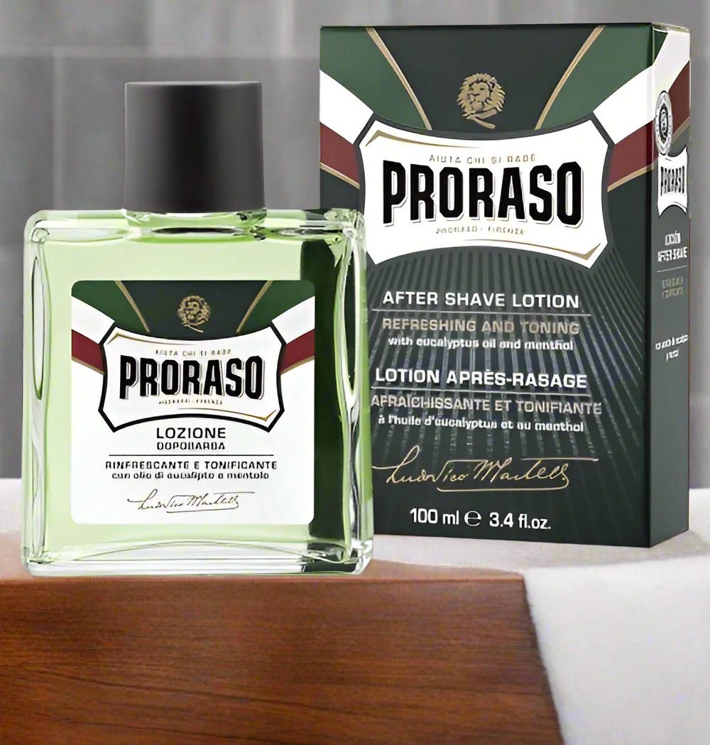 Proraso Aftershave Lotion with Eucalyptus and Menthol 100ml, designed to soothe and refresh the skin after shaving.