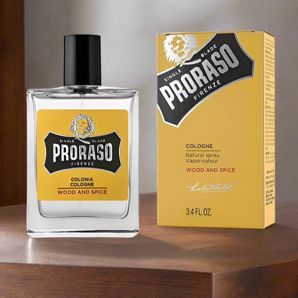 Proraso Eau de Cologne Wood and Spice, 100ml bottle with a sleek amber design and vintage-inspired label, exuding warmth and sophistication.