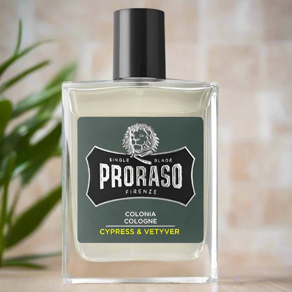 Proraso Eau de Cologne Cypress & Vetyver, 100ml bottle with a dark green design and vintage-inspired label, exuding a classic and masculine feel.