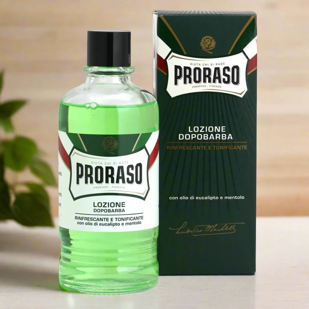 A 400ml bottle of Proraso After Shave Lotion Refresh. The packaging features a classic design with a light green and white color scheme. The label prominently displays "Refresh" and the Proraso brand name, with a large, easy-to-use bottle suited for regular application.