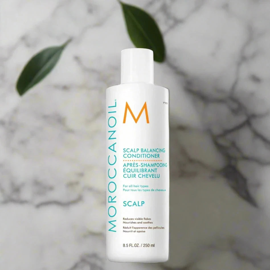 A 250ml bottle of Moroccanoil Scalp Balancing Conditioner with sleek turquoise branding