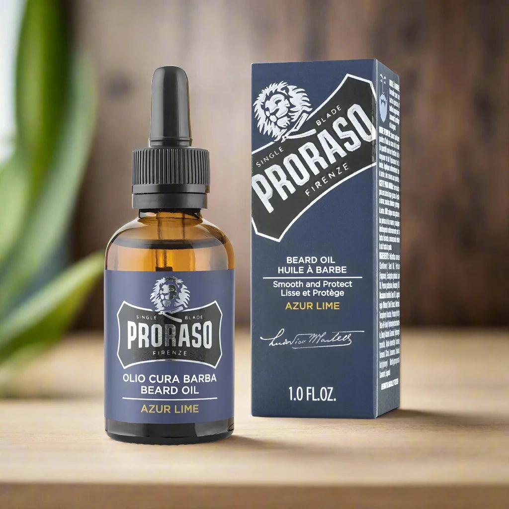 A 30ml bottle of Proraso Beard Oil Azure Lime. The packaging features a sleek design with a dark blue bottle and a clear label, emphasizing the fresh lime fragrance. The compact bottle is designed for easy application and highlights the oil's nourishing and hydrating benefits.