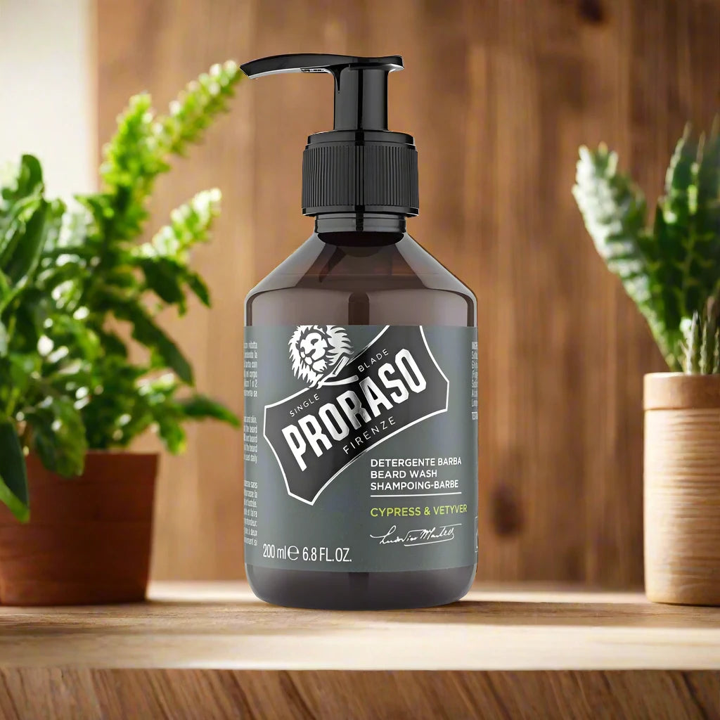 A 200ml bottle of Proraso Beard Shampoo Cypress & Vetyver. The packaging features a dark green bottle with a clear label, showcasing the cypress and vetyver fragrance. The bottle is designed for regular use and highlights the shampoo’s cleansing and conditioning properties.